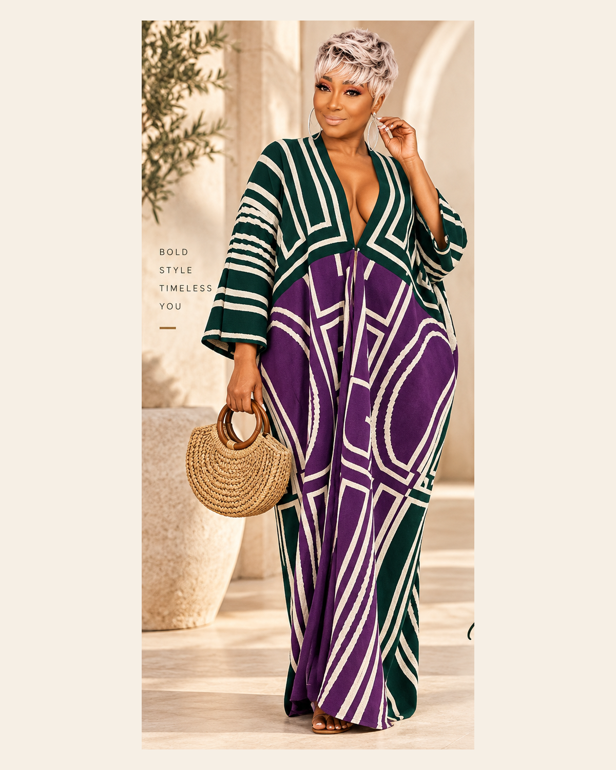 Kimberly in a green and purple patterned kaftan